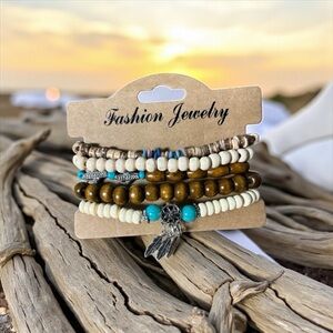 Fashion Jewelry Boho Bracelet Set - Brown, Cream, and Turquoise with charm